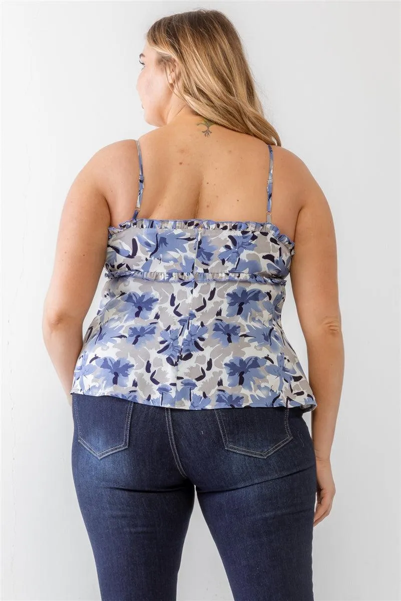 Plus Size Floral Print Blue Woven Tank Top