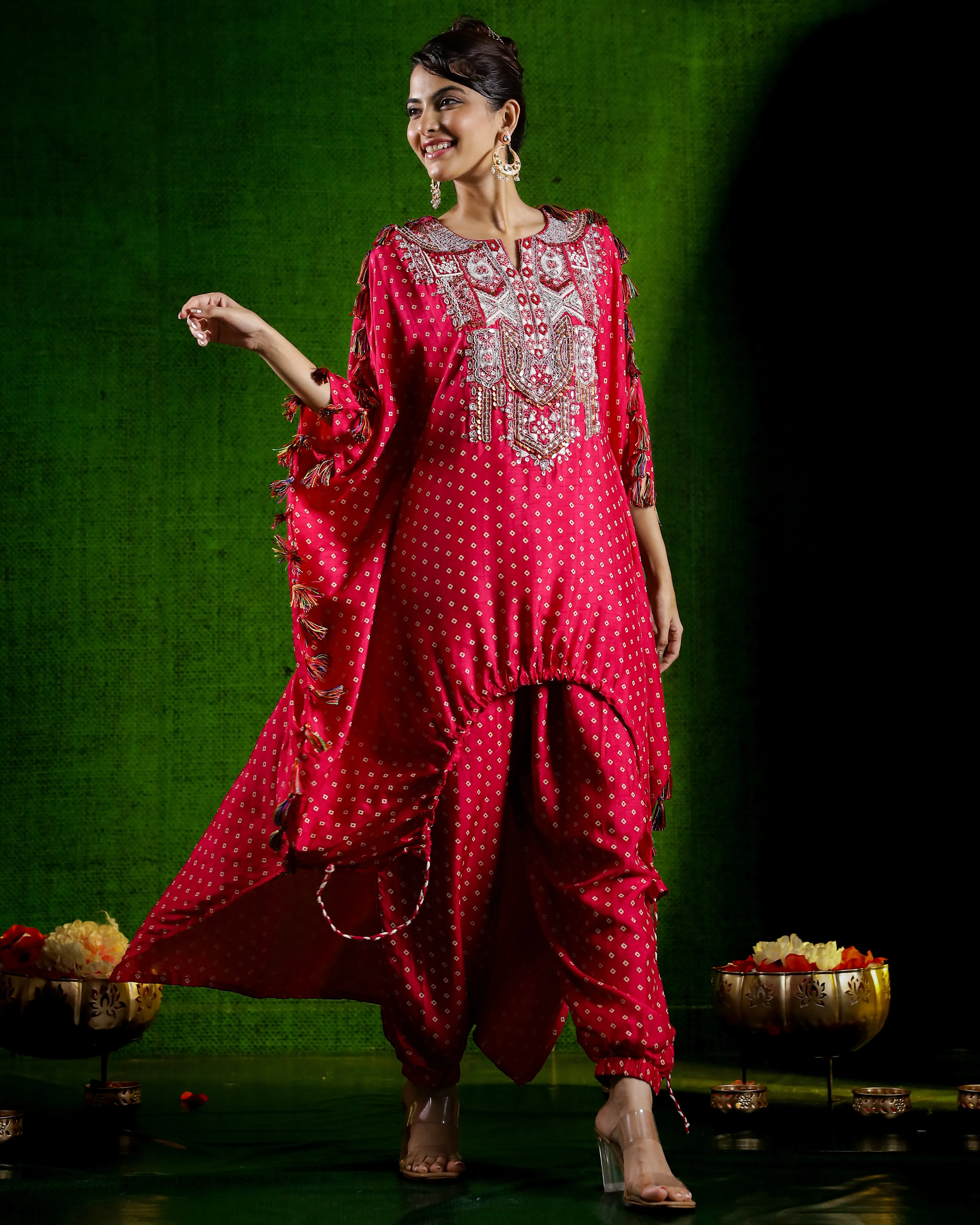 Rani Pink Embellished Spanish Silk Kaftan Set