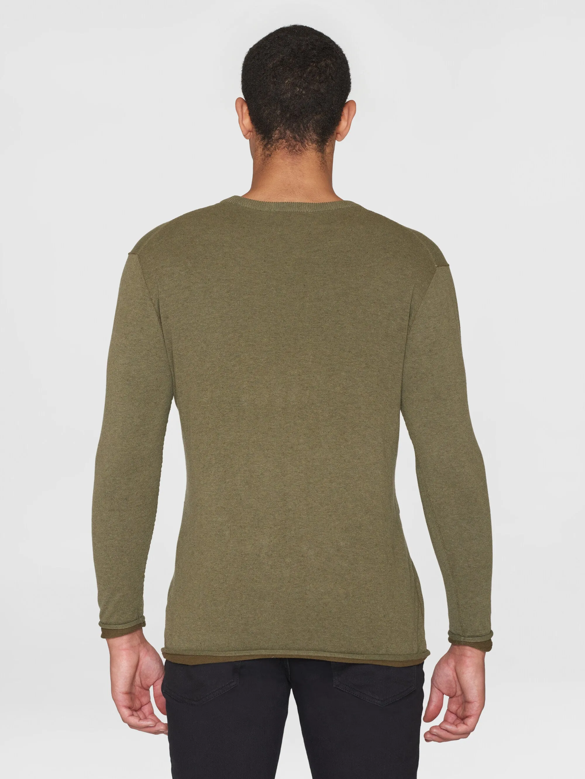 Regular double layer cotton mix rolledge crew neck knit - GOTS - Burned Olive