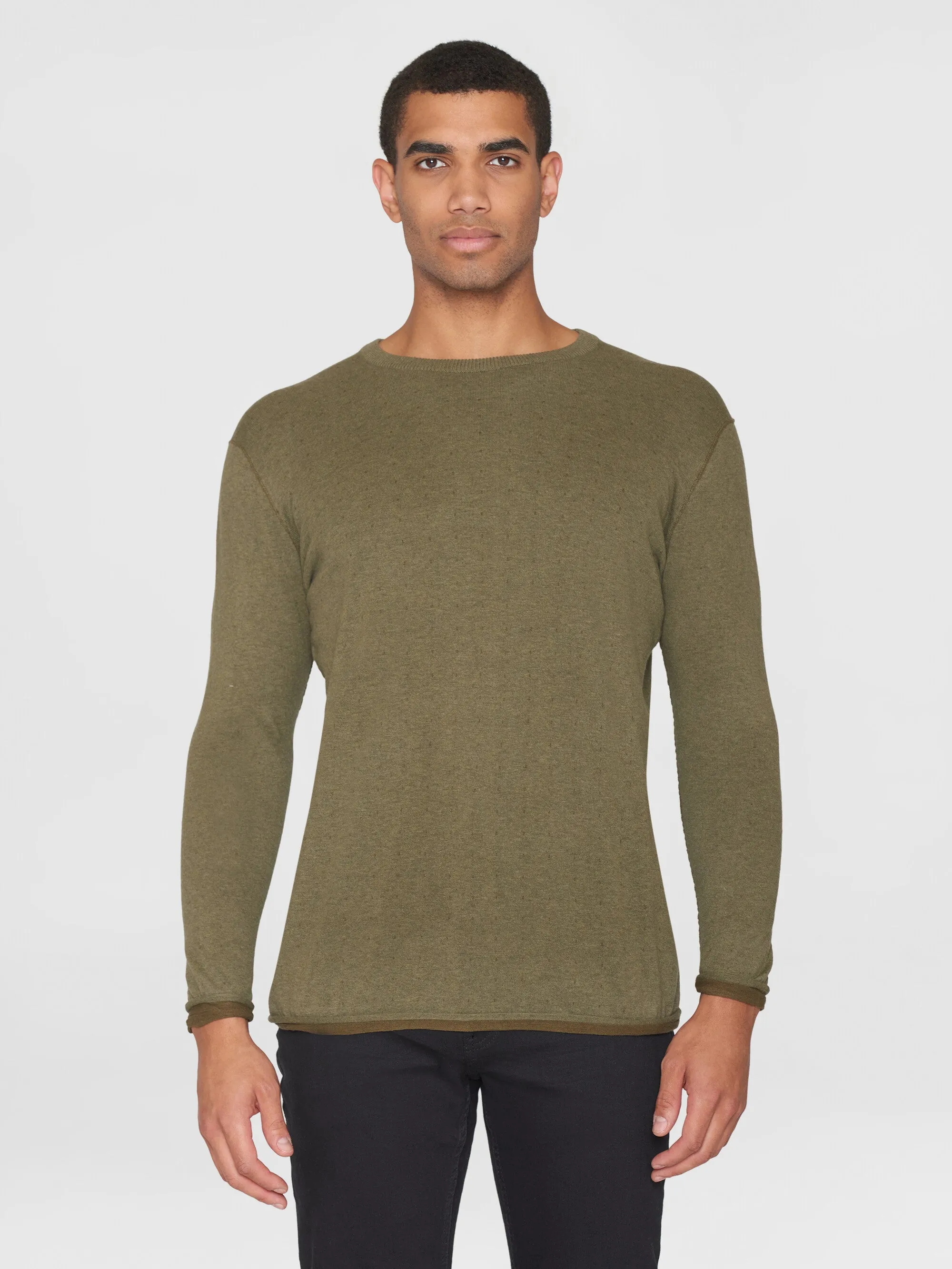 Regular double layer cotton mix rolledge crew neck knit - GOTS - Burned Olive