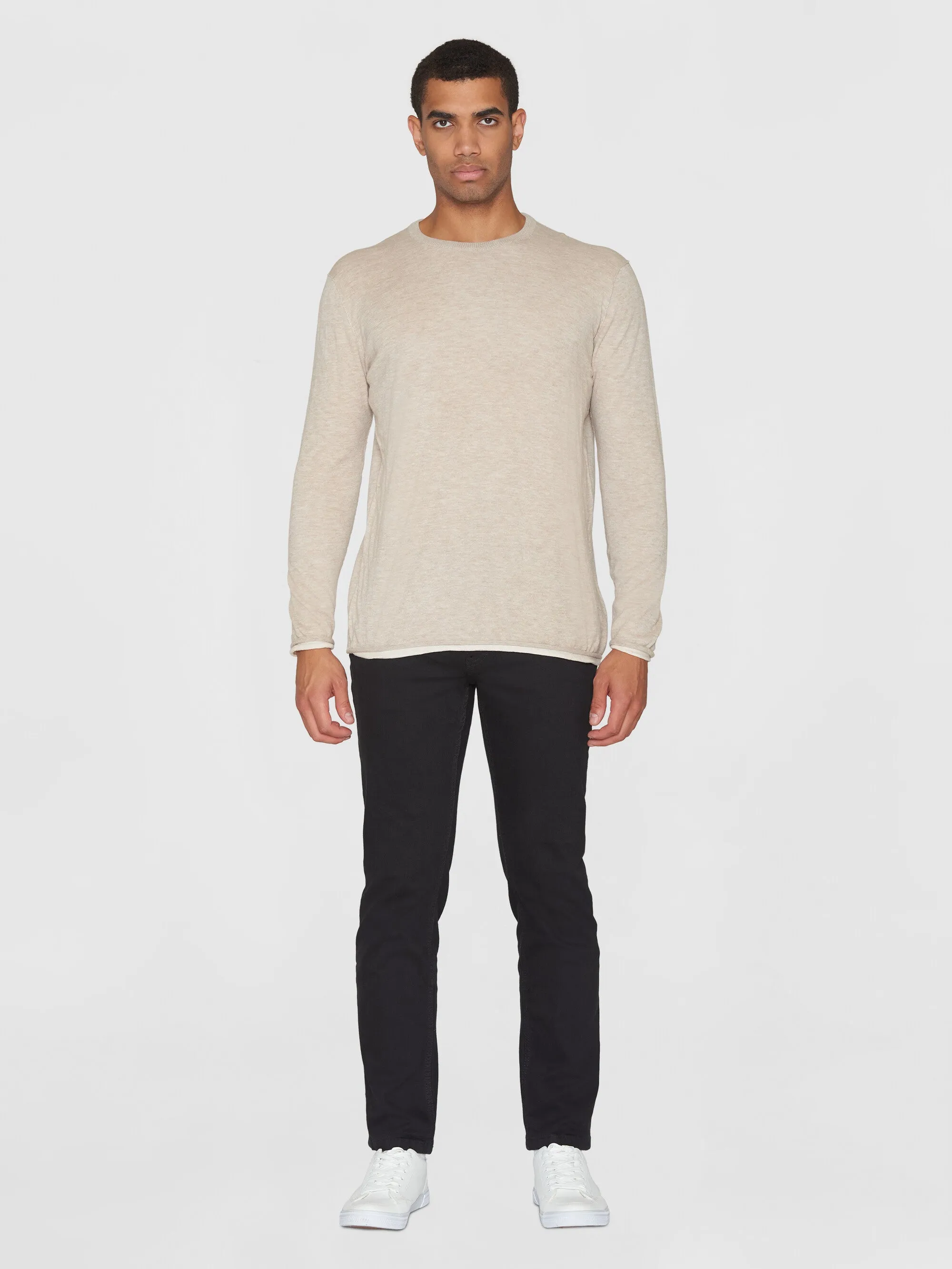 Regular double layer cotton mix rolledge crew neck knit - GOTS/Vegan - Nature Melange