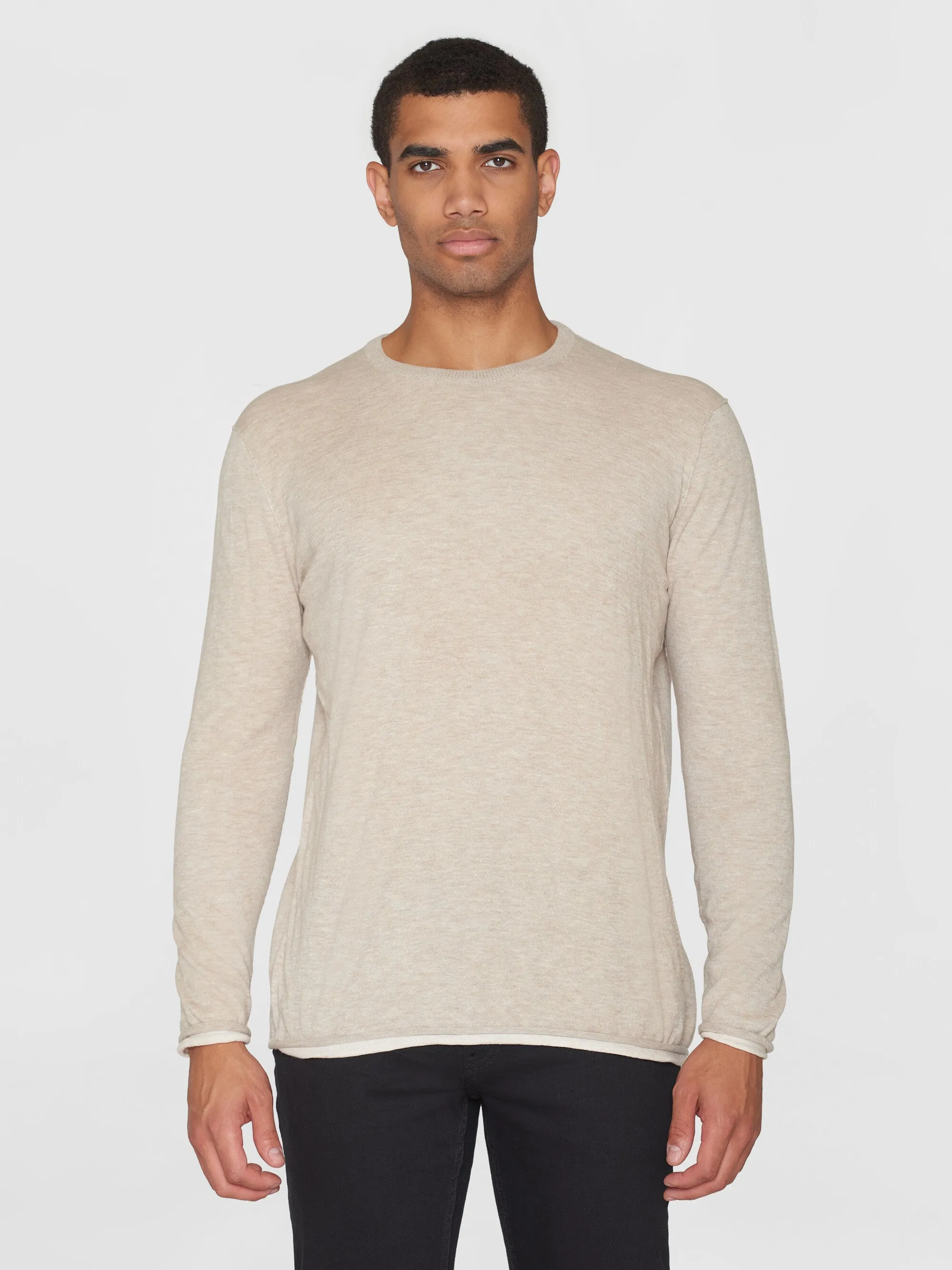 Regular double layer cotton mix rolledge crew neck knit - GOTS/Vegan - Nature Melange