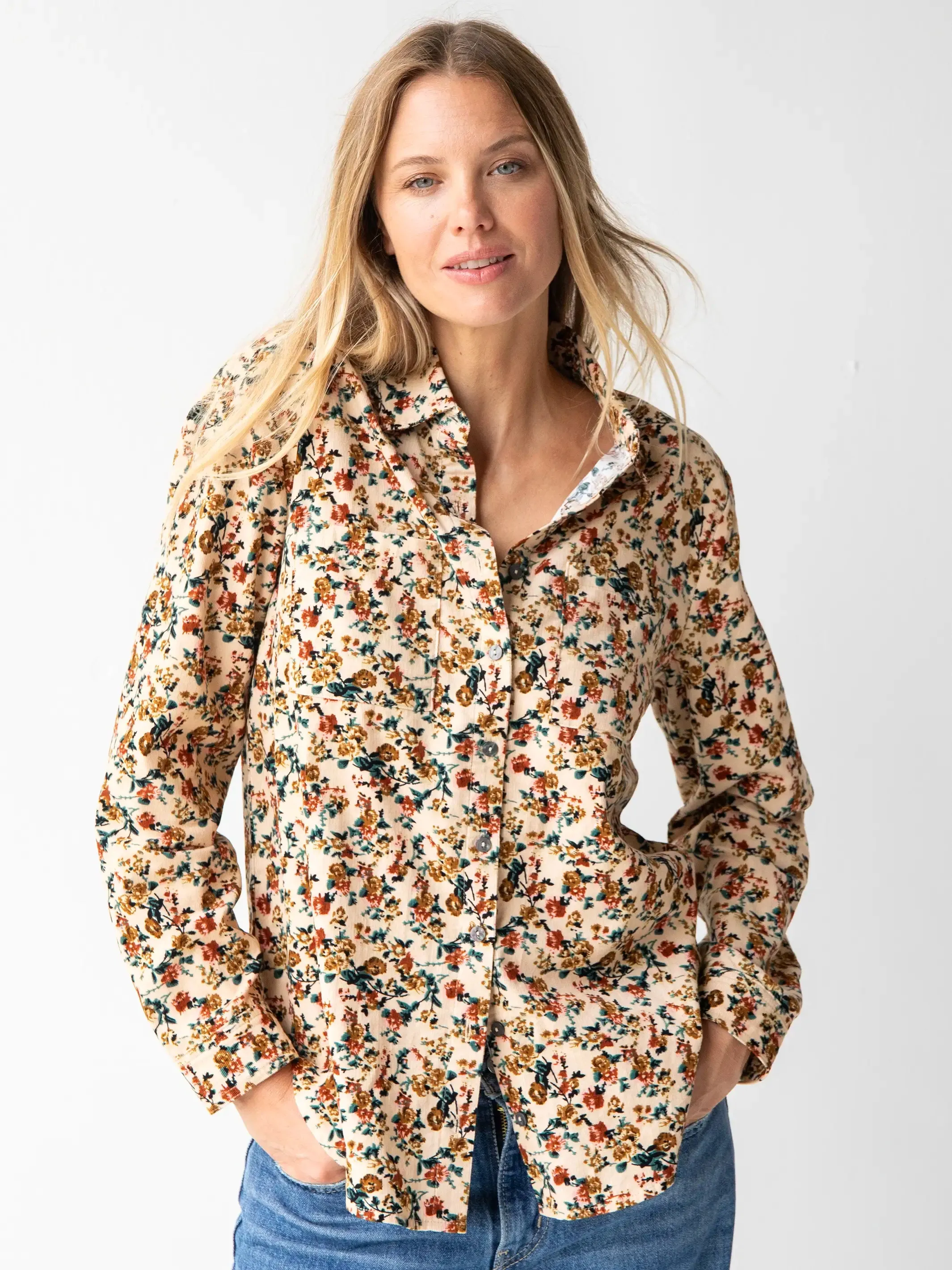 Rocky Corduroy Button Down - Cream Mustard Bouquets Floral