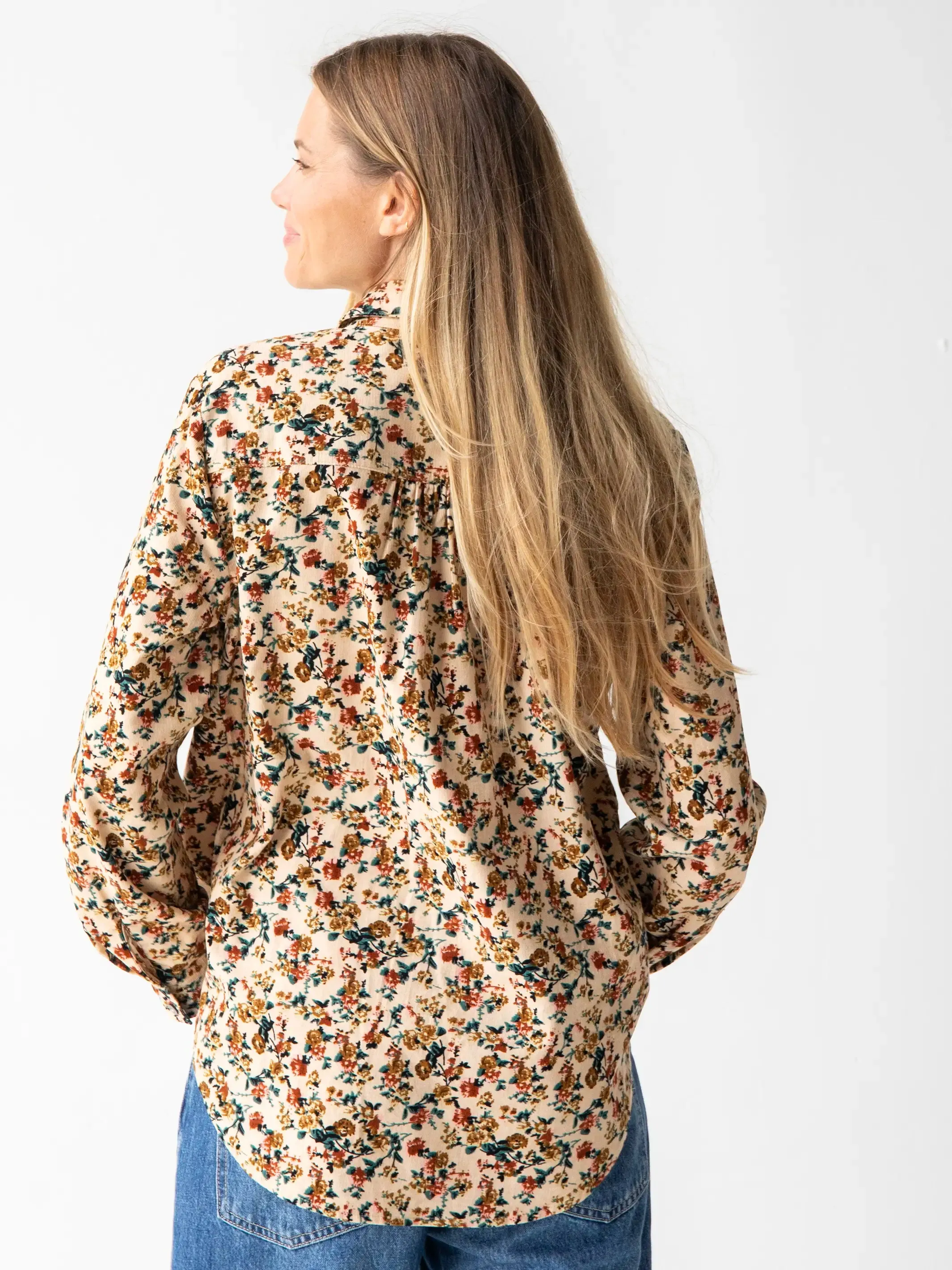 Rocky Corduroy Button Down - Cream Mustard Bouquets Floral