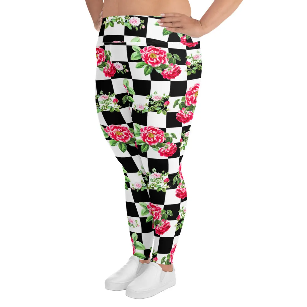 Roses on Checkered Print Plus Size Leggings