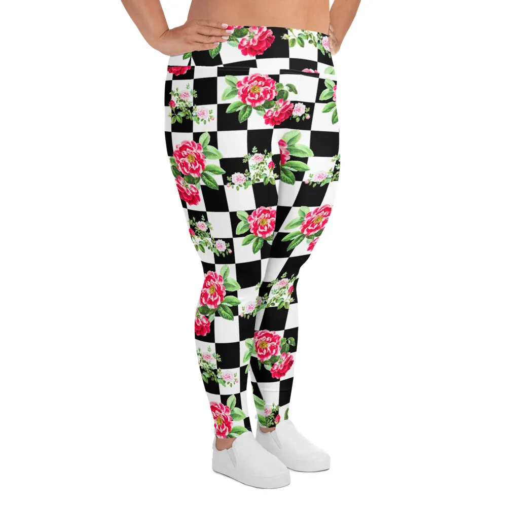 Roses on Checkered Print Plus Size Leggings