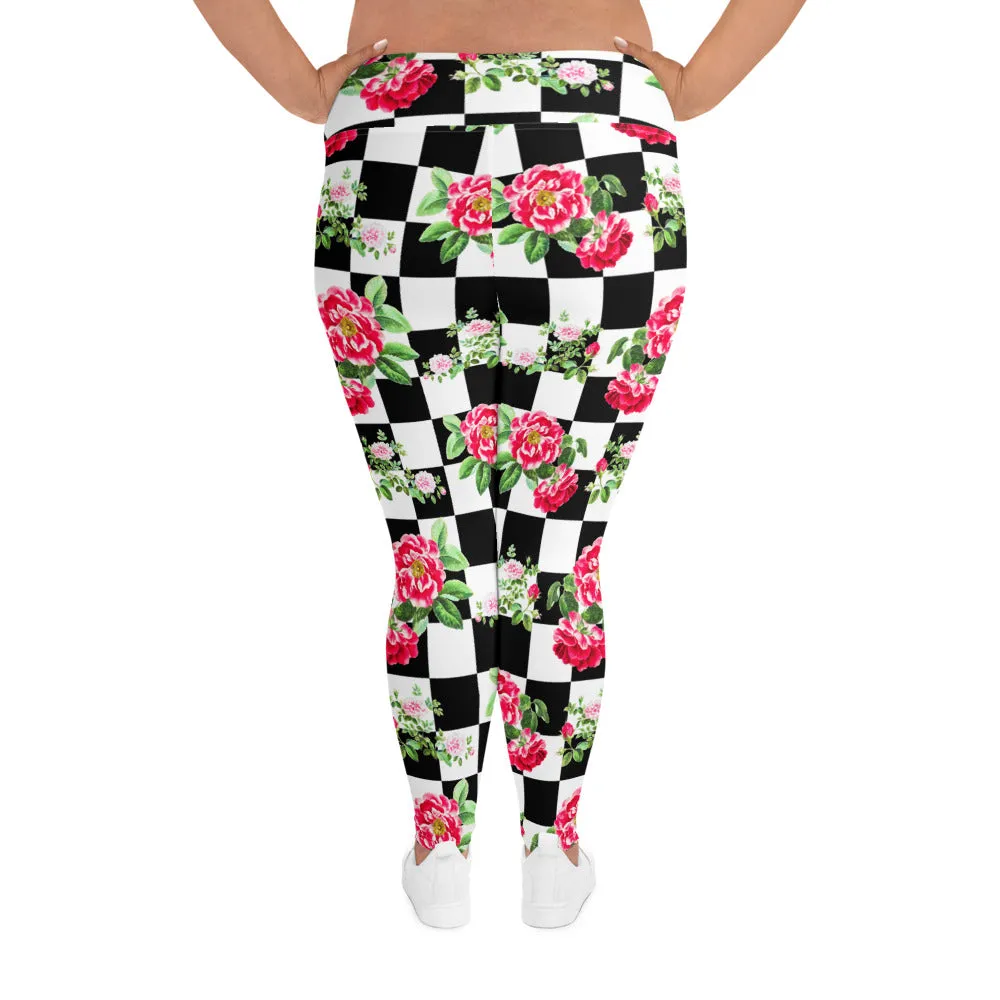 Roses on Checkered Print Plus Size Leggings