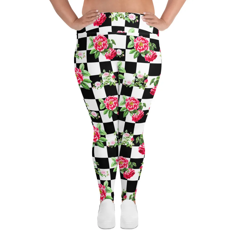 Roses on Checkered Print Plus Size Leggings