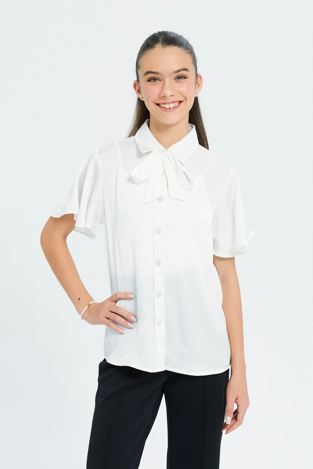 Senior Girls White Plain Pussy Bow Blouse