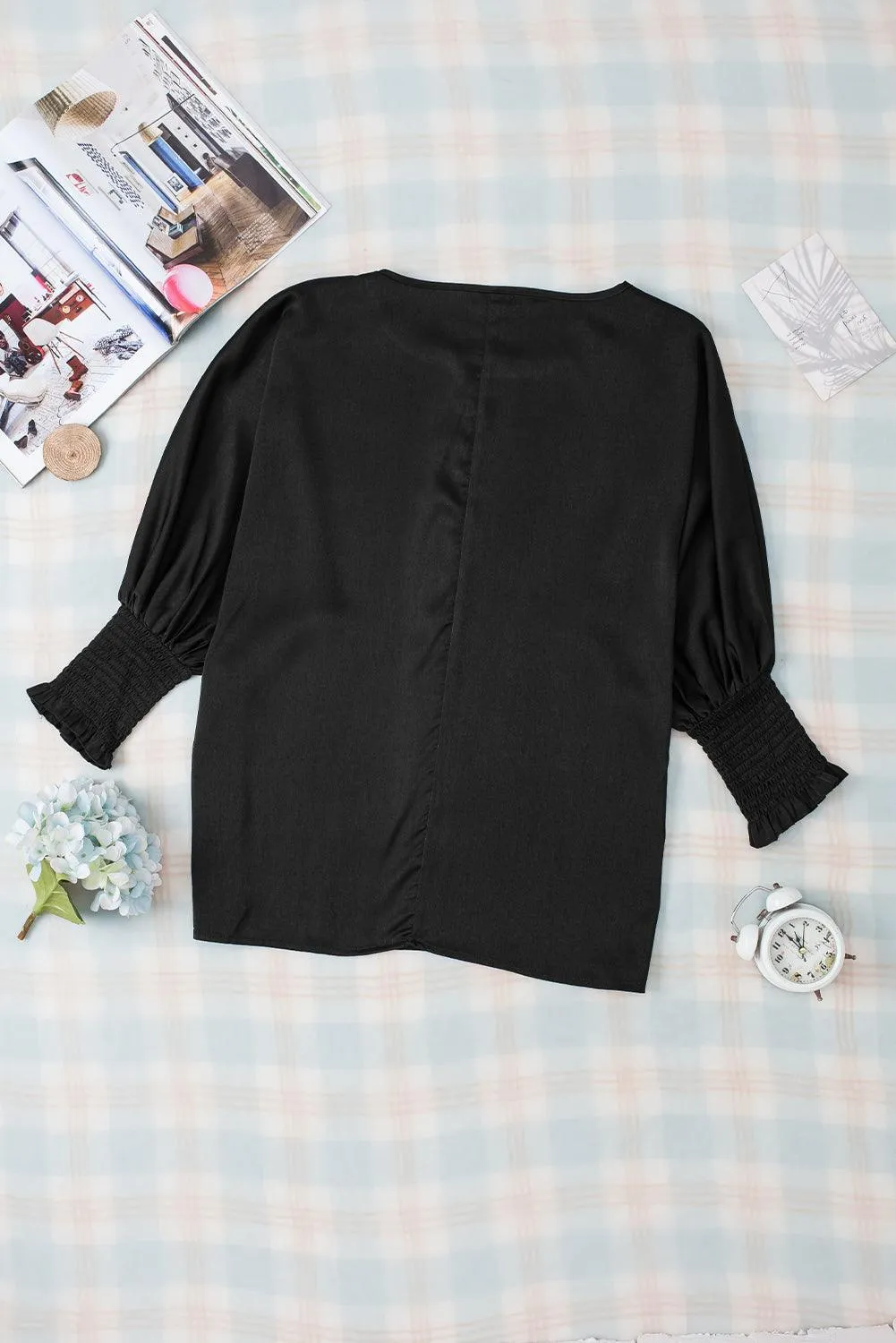 Shirred Dolman Sleeve Satin Summer Blouse for Woman