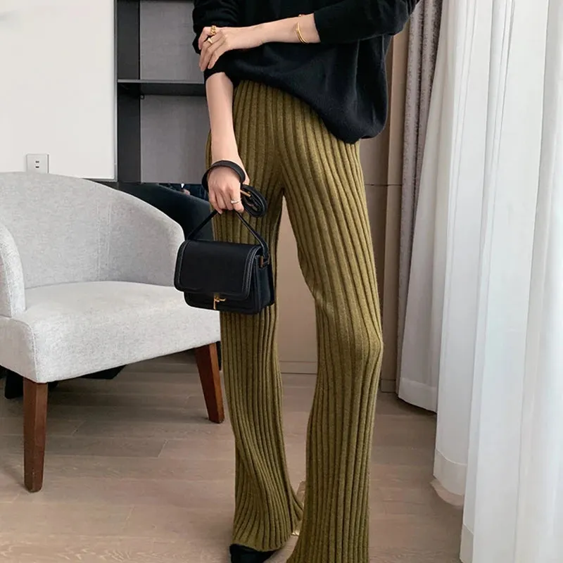 Summer Full Length Elastic Waist Yoga Slim High Waist Wide Leg Knitted Pants