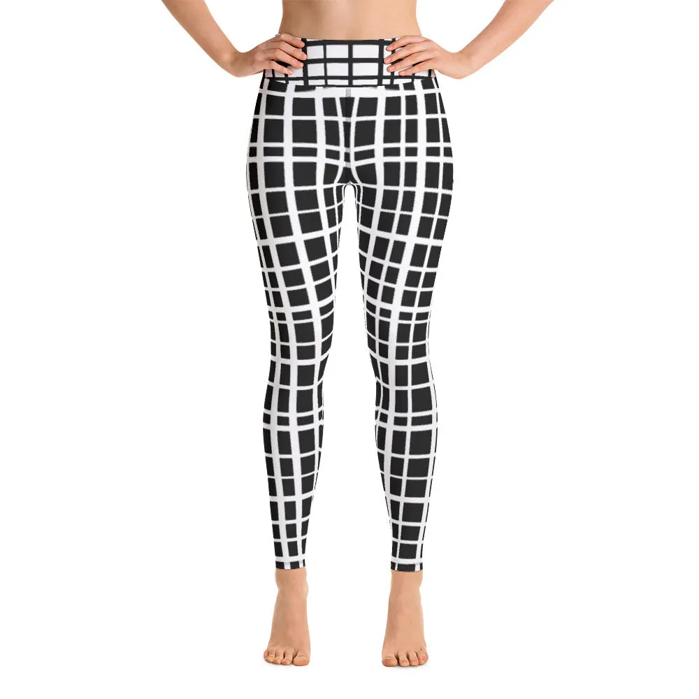 Tiki Uneven Grid Yoga Leggings--White Grid on Black Background with Contrast Waistband