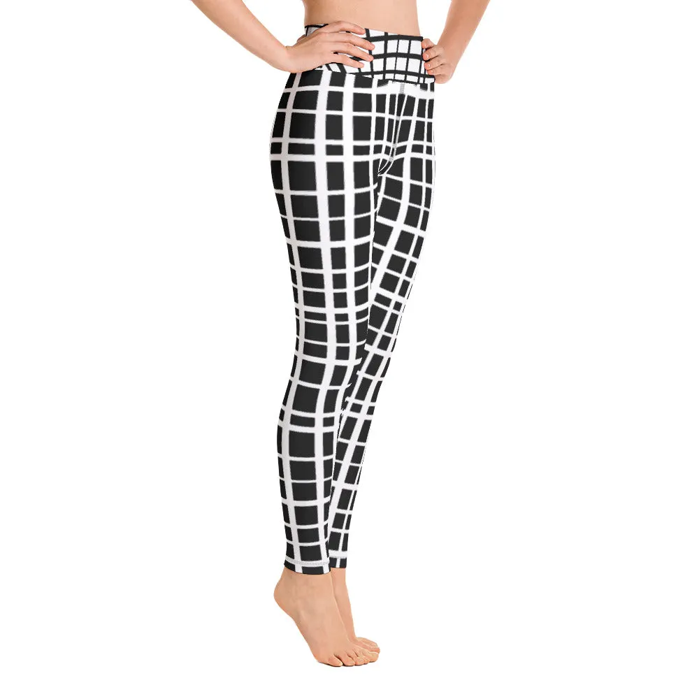 Tiki Uneven Grid Yoga Leggings--White Grid on Black Background with Contrast Waistband