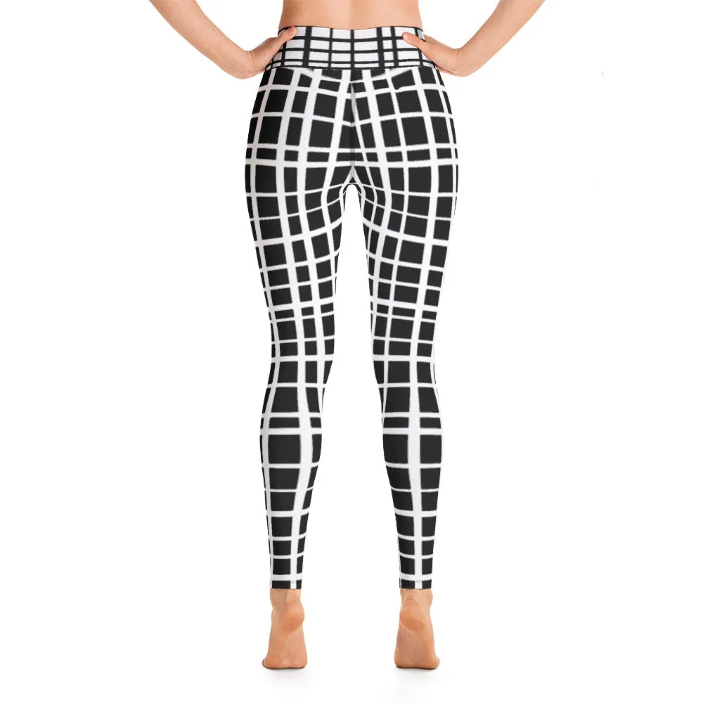 Tiki Uneven Grid Yoga Leggings--White Grid on Black Background with Contrast Waistband