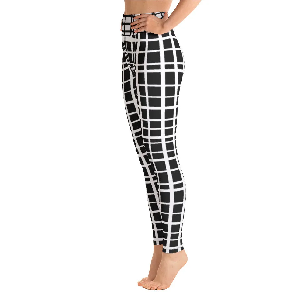 Tiki Uneven Grid Yoga Leggings--White Grid on Black Background with Contrast Waistband