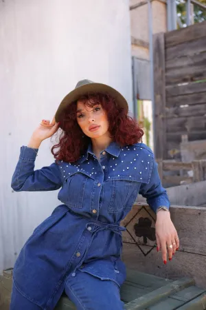 Two Piece Denim Shirt and Pants - Embellished with Rhinestones Design