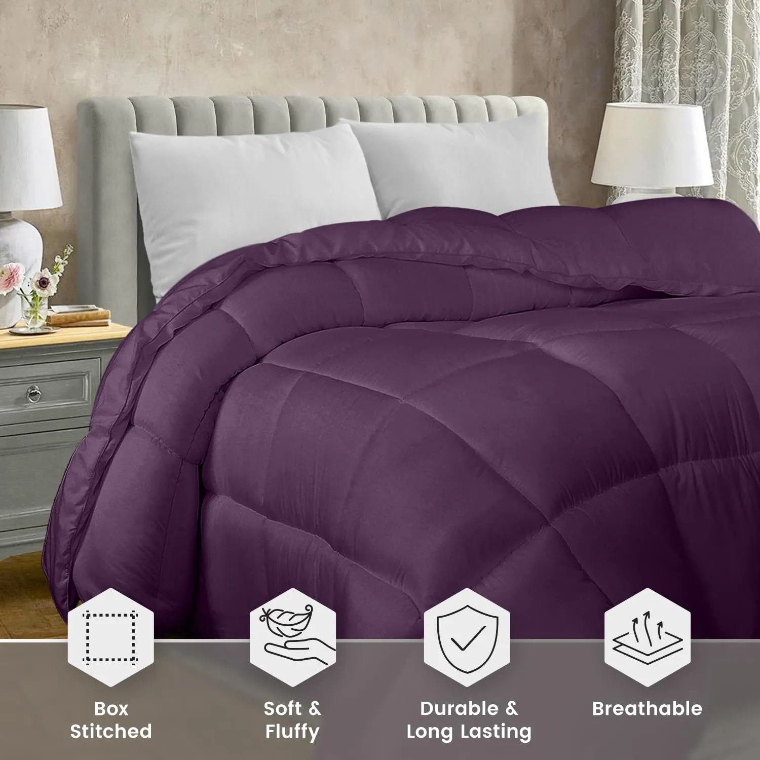 Utopia Bedding Comforter Duvet Insert - Quilted Comforter with Corner Tabs - Box Stitched Down Alternative Comforter (Queen, Plum/Purple)