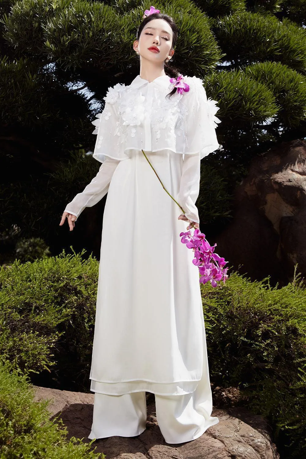 Vien Hi A-line Long Sleeved Organza Floor Length Ao Dai