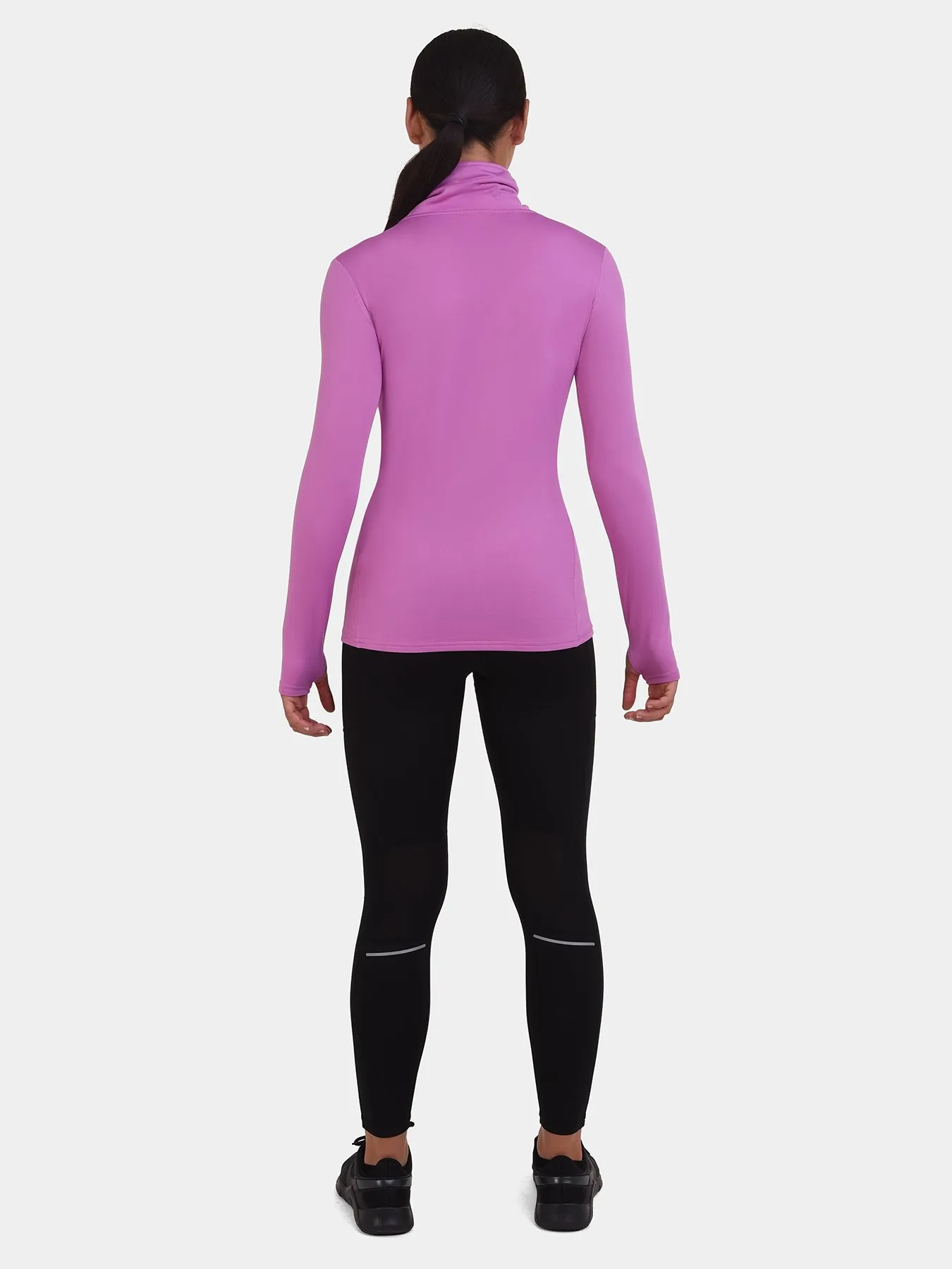 Warm-Up Thermal Long Sleeve Funnel Neck Top For Women With Brushed Inner Fabric, Thumbholes & Reflective Strips