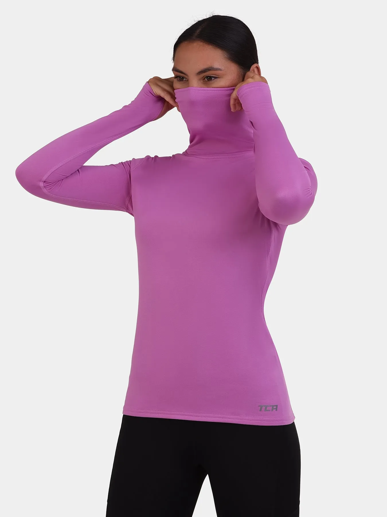 Warm-Up Thermal Long Sleeve Funnel Neck Top For Women With Brushed Inner Fabric, Thumbholes & Reflective Strips