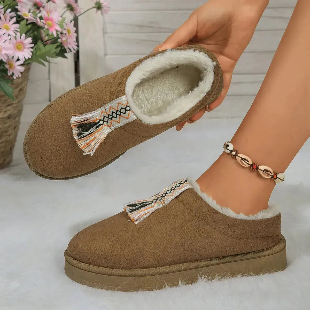 Winter Plush Home Slippers Fashion Round Toe Flat Suede Garden Shoes Indoor Warm Floor Bedroom Slipper For Women