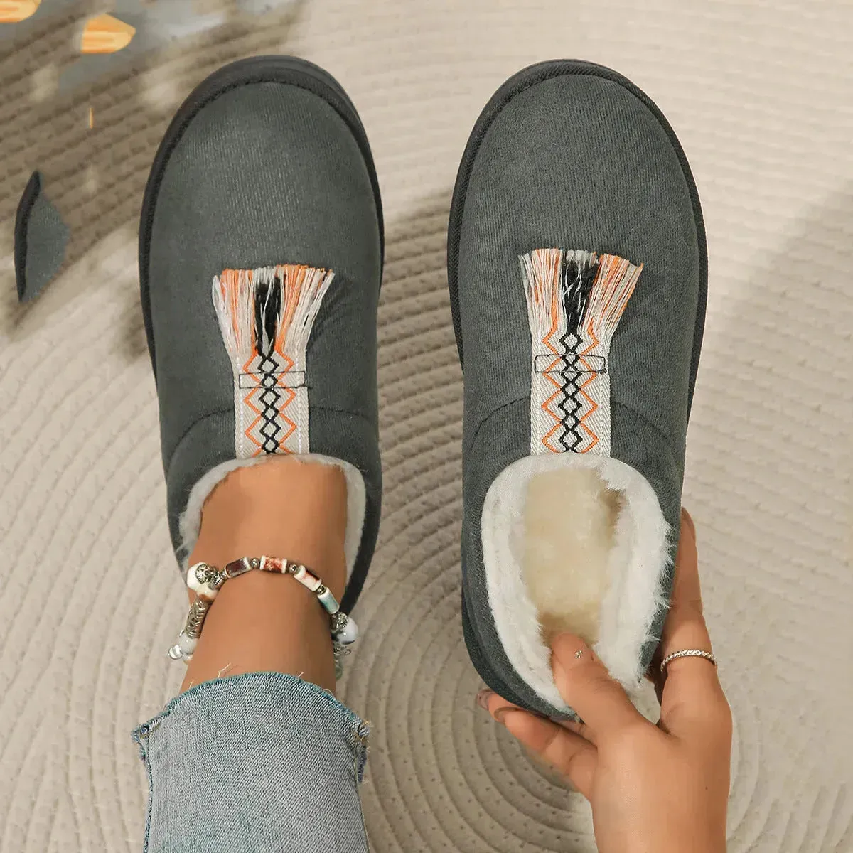 Winter Plush Home Slippers Fashion Round Toe Flat Suede Garden Shoes Indoor Warm Floor Bedroom Slipper For Women