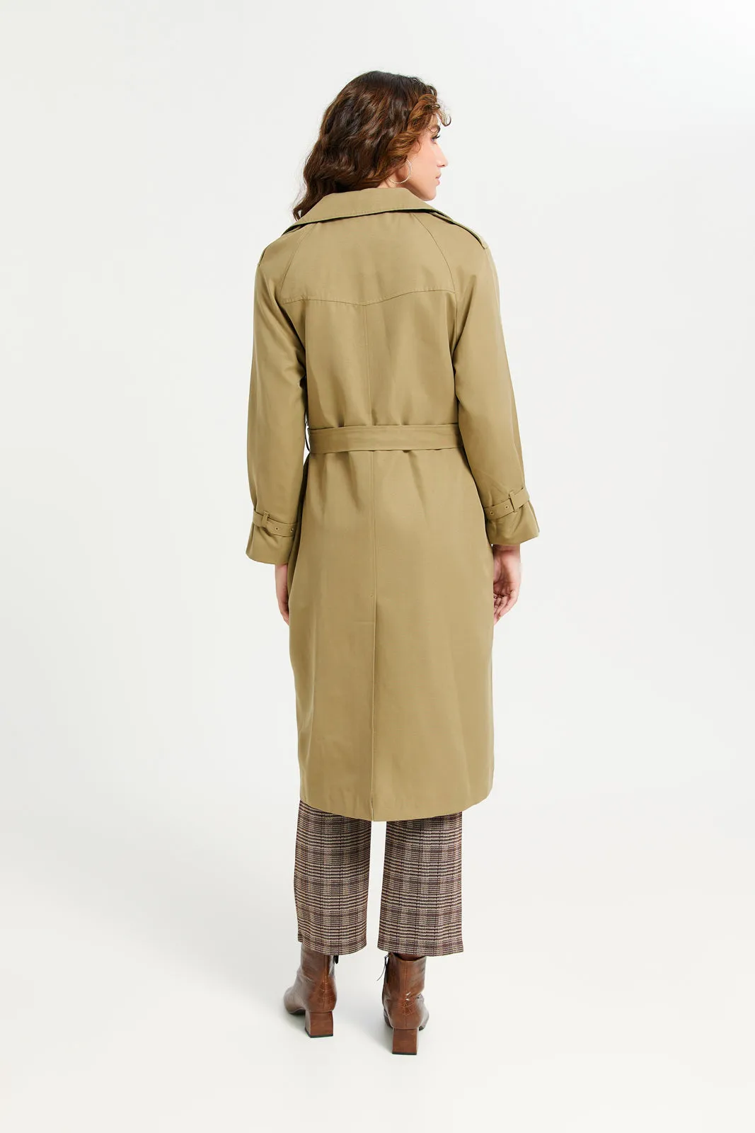 Women Khaki Plain Belted Trench Coat