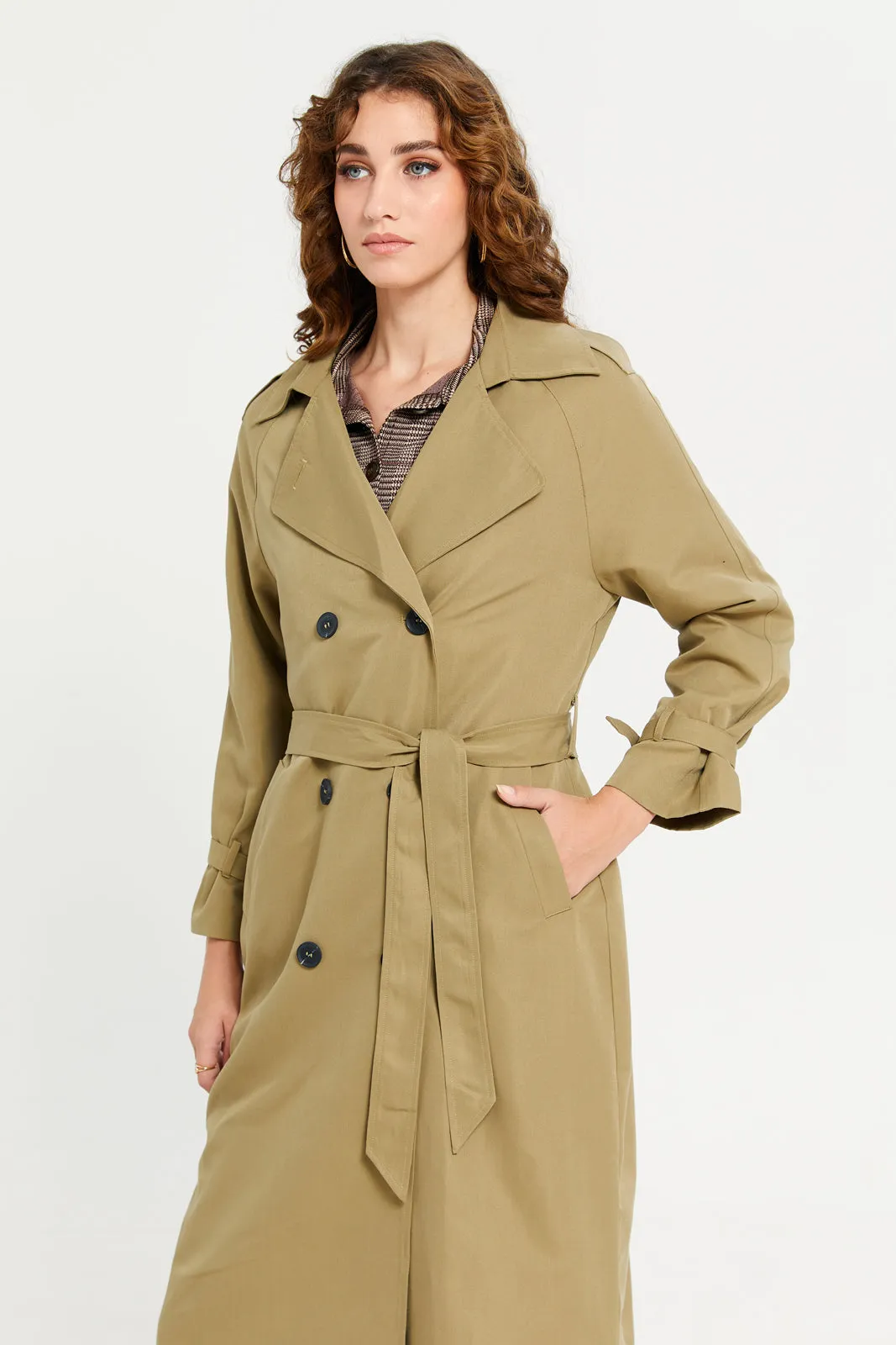 Women Khaki Plain Belted Trench Coat