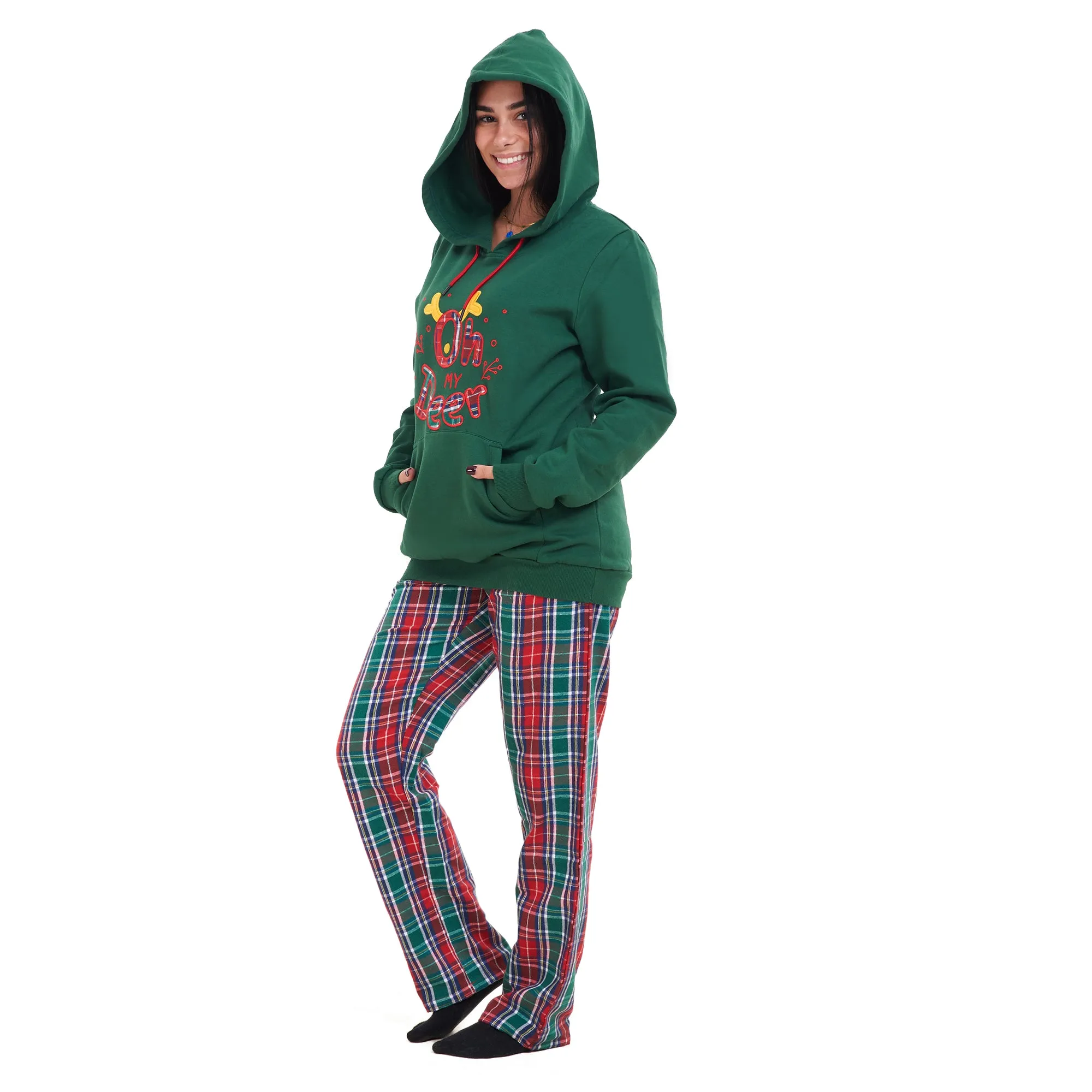 Women Winter Pajama Set Oh Deer Hoodie   Red x Green Checkered Pants