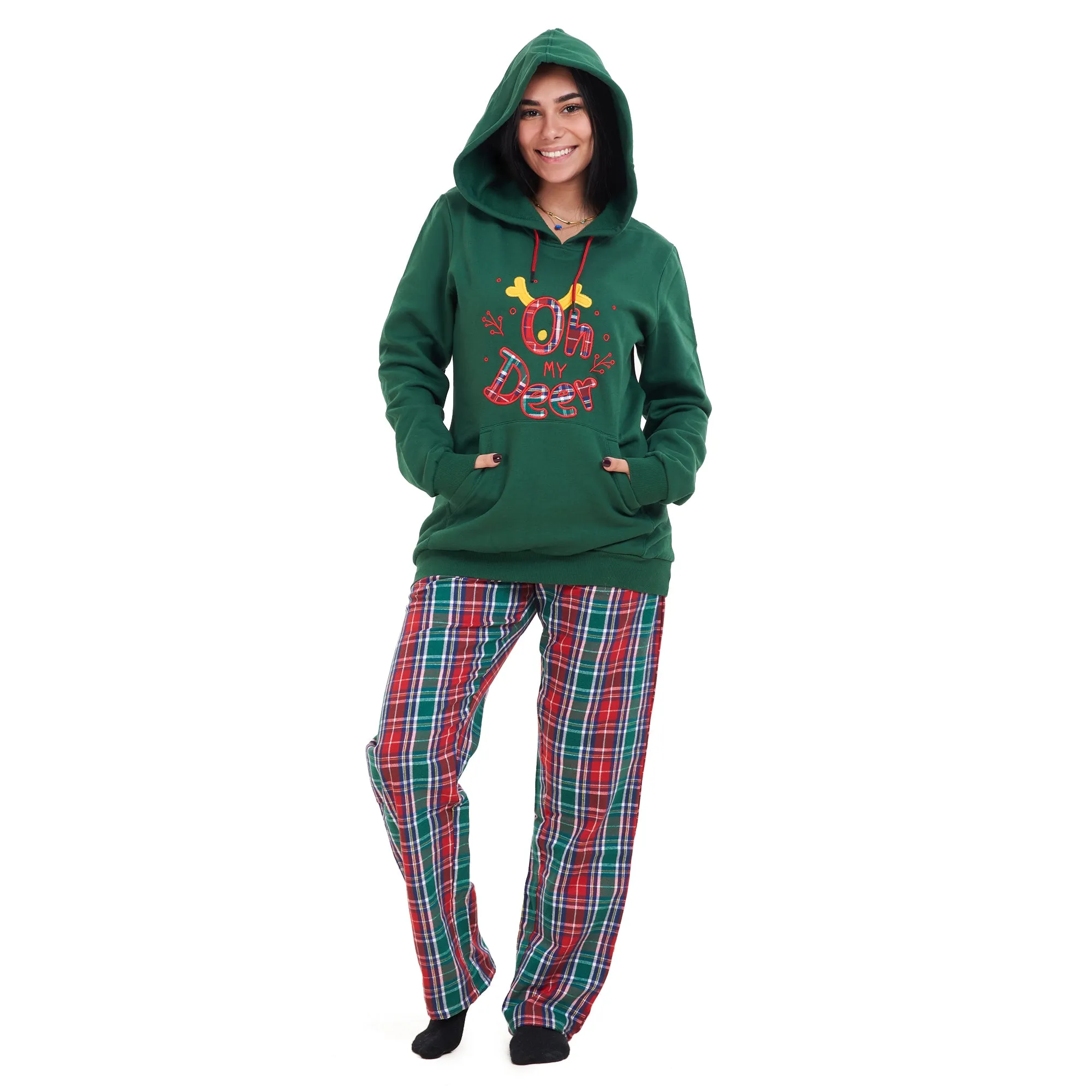 Women Winter Pajama Set Oh Deer Hoodie   Red x Green Checkered Pants