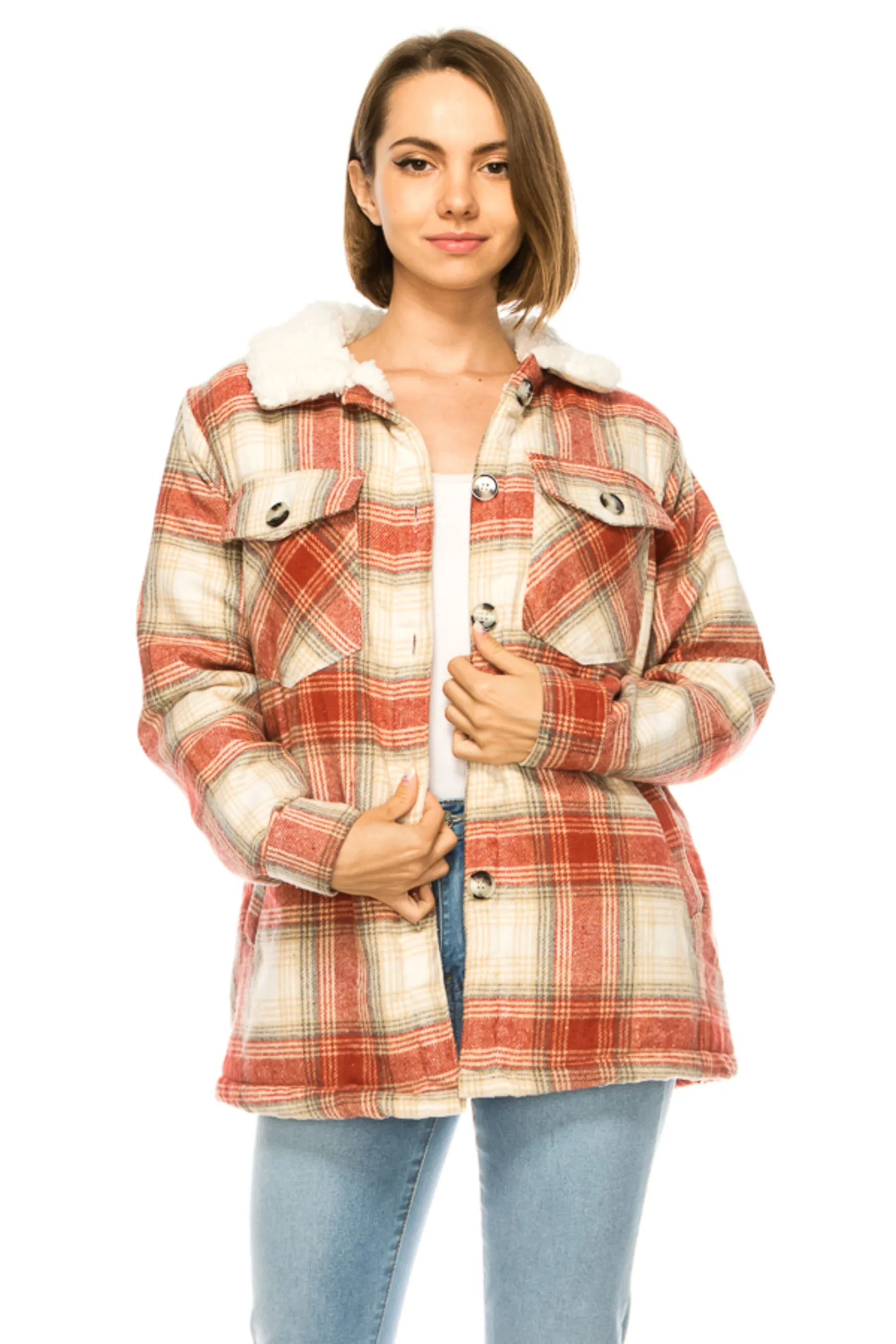 Women's Plaid fleece lined flannel jacket with side pockets