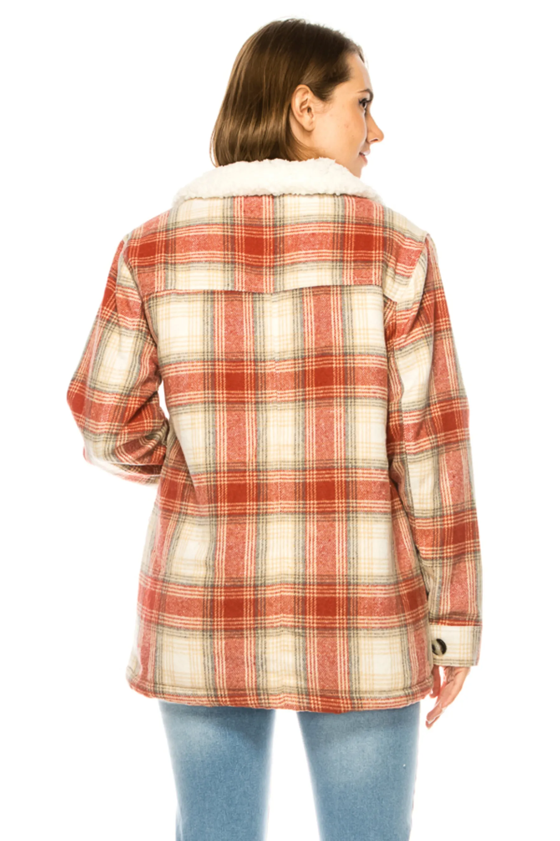 Women's Plaid fleece lined flannel jacket with side pockets