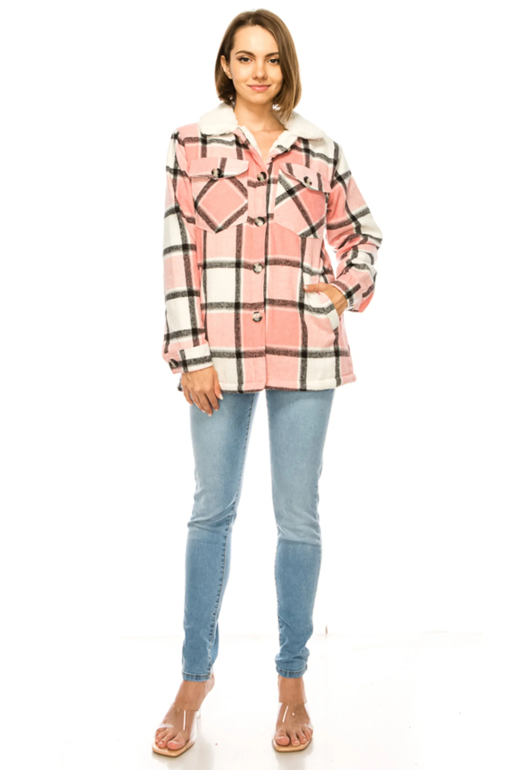 Women's Plaid fleece lined flannel jacket with side pockets