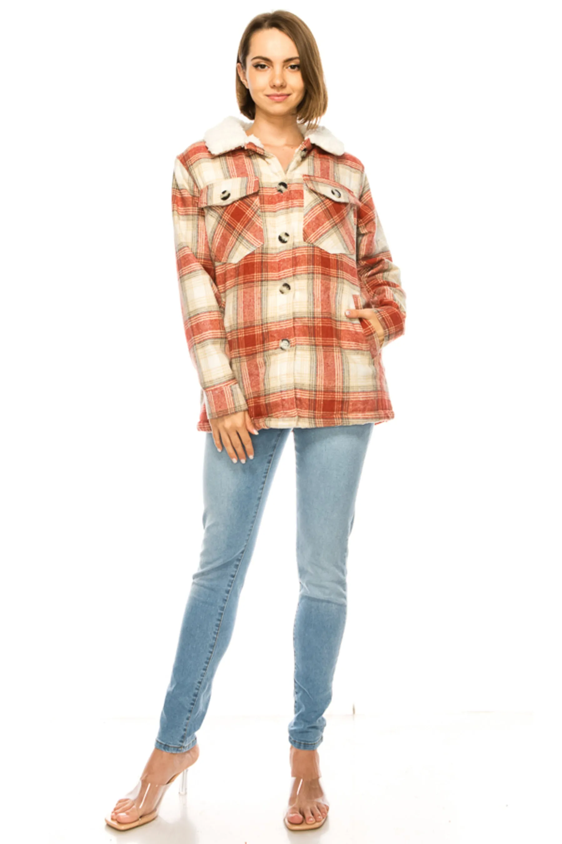 Women's Plaid fleece lined flannel jacket with side pockets