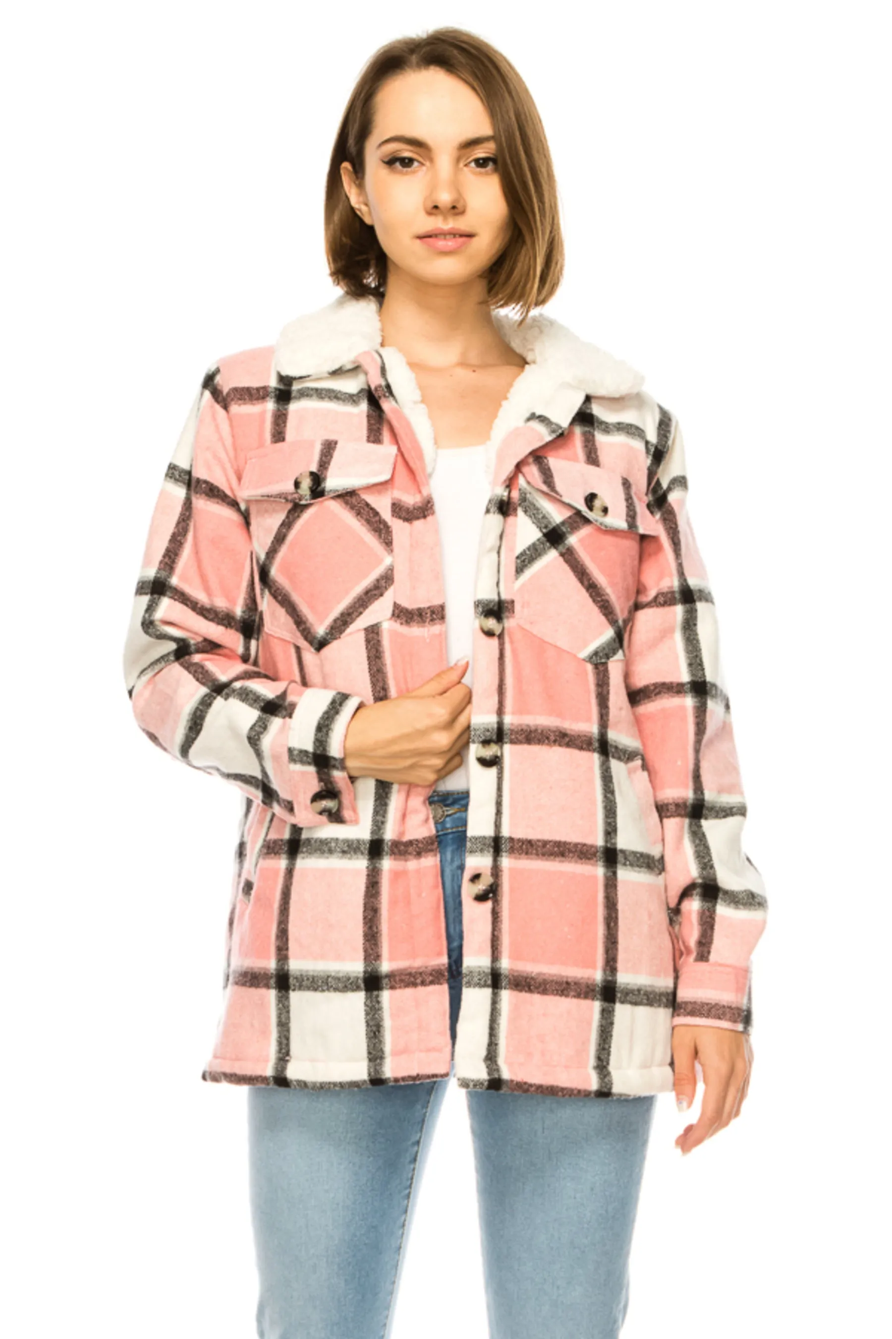 Women's Plaid fleece lined flannel jacket with side pockets