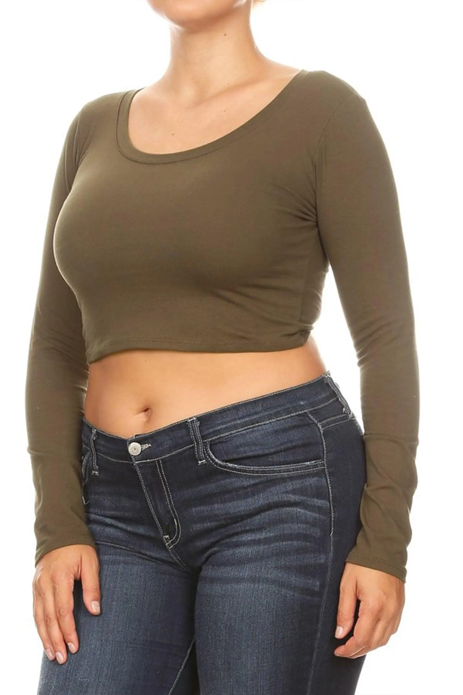 Women's Plus Size Casual Basic Long Sleeves Cotton Stretch Solid Active Crop Top T-Shirt