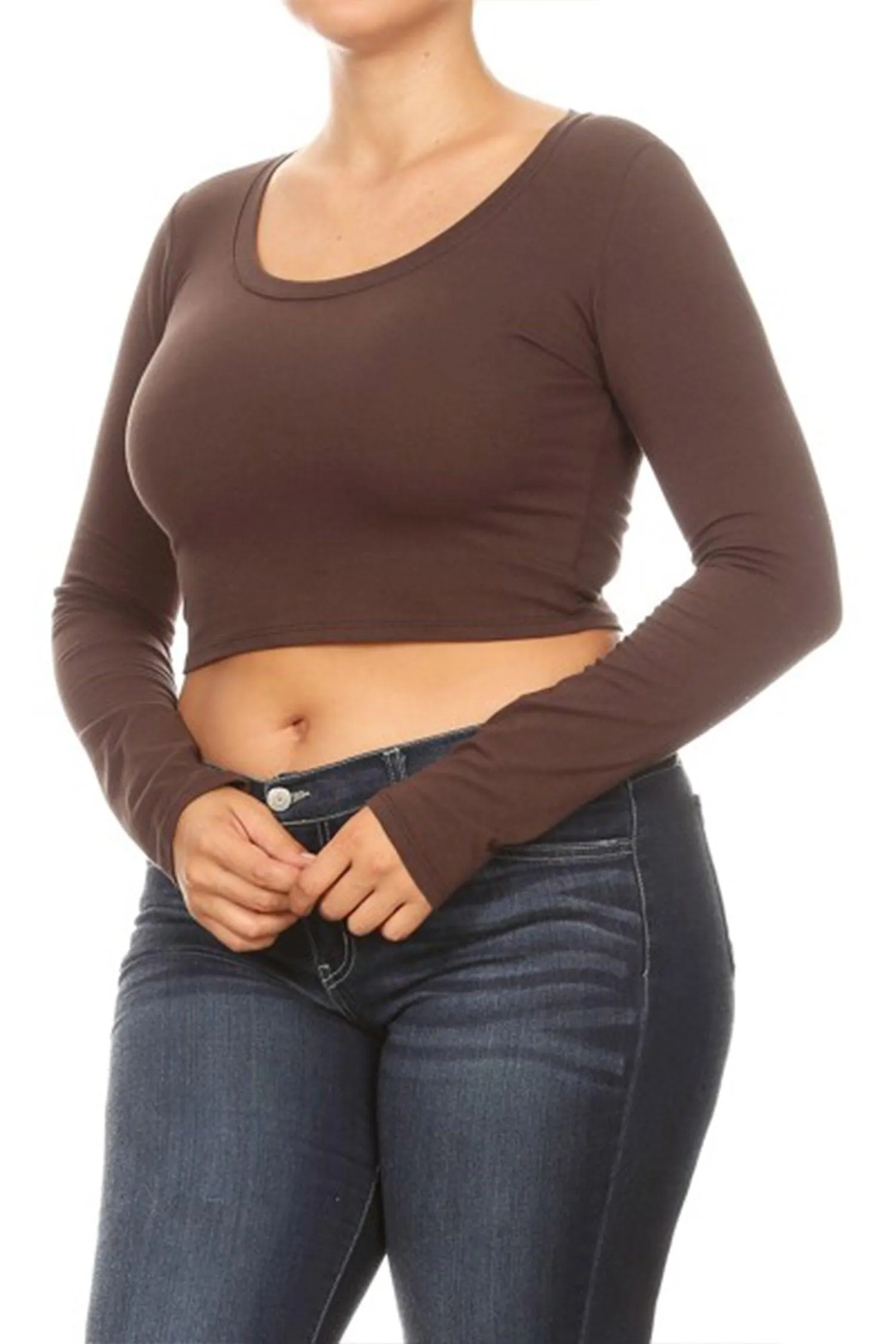 Women's Plus Size Casual Basic Long Sleeves Cotton Stretch Solid Active Crop Top T-Shirt