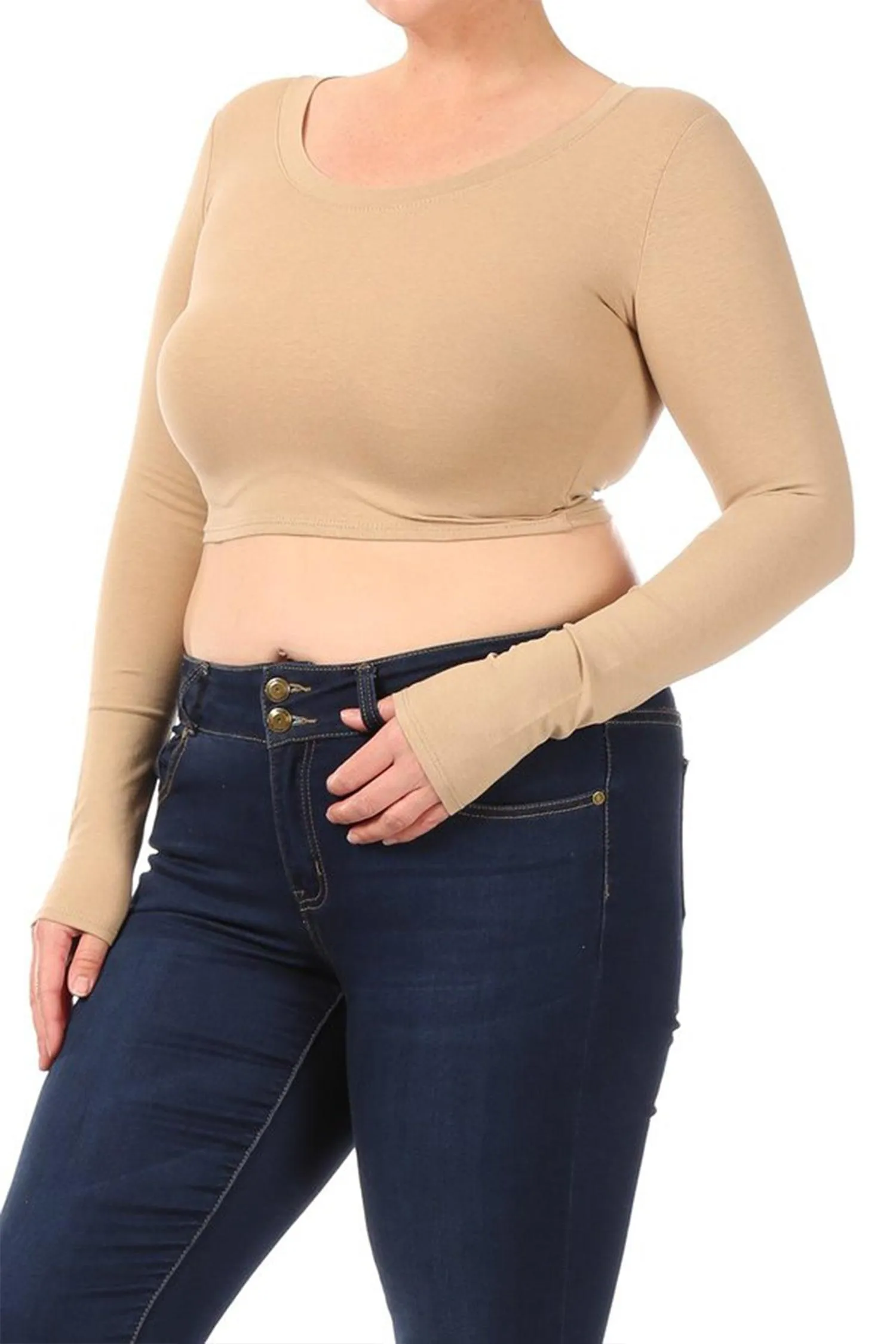 Women's Plus Size Casual Basic Long Sleeves Cotton Stretch Solid Active Crop Top T-Shirt