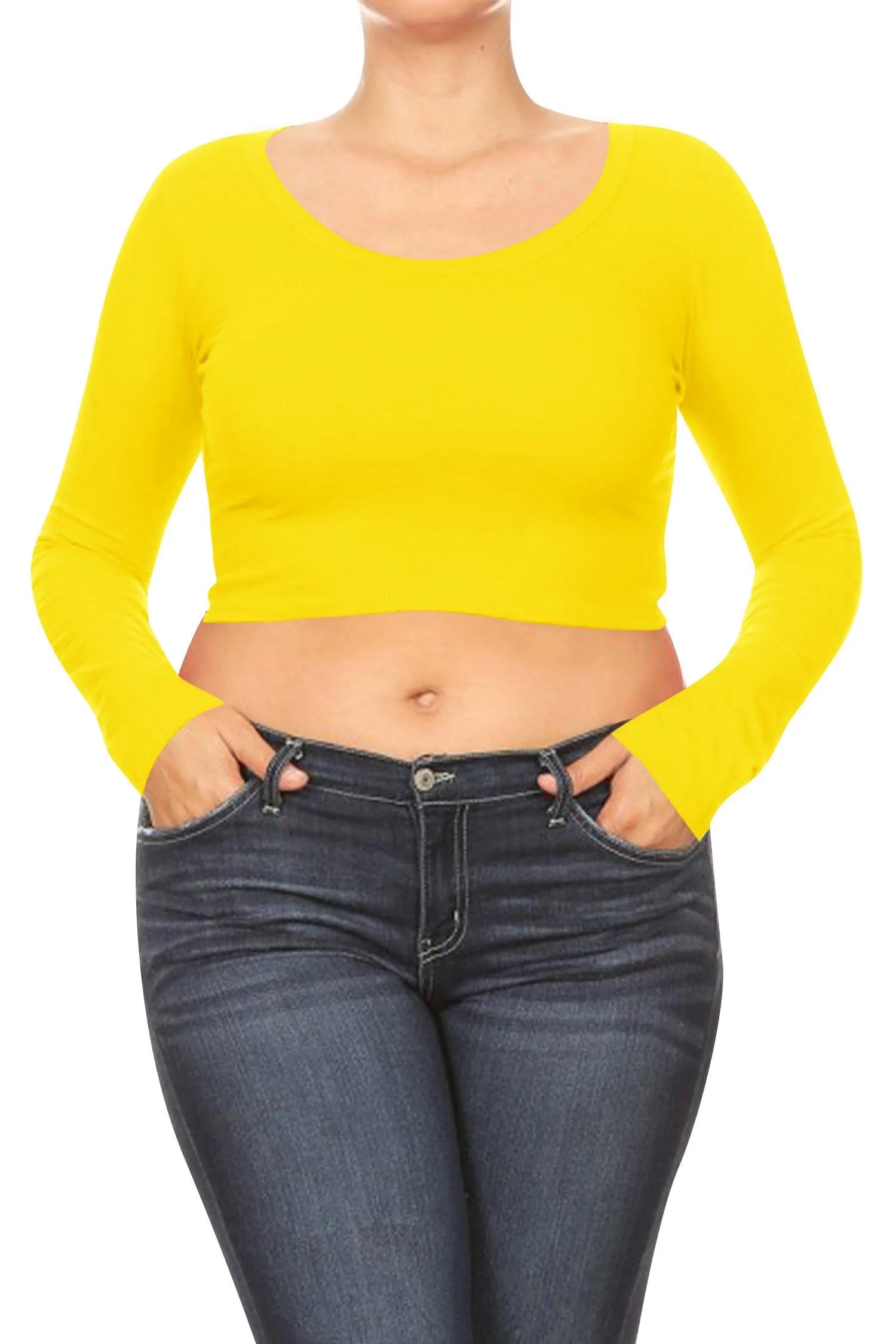 Women's Plus Size Casual Basic Long Sleeves Cotton Stretch Solid Active Crop Top T-Shirt