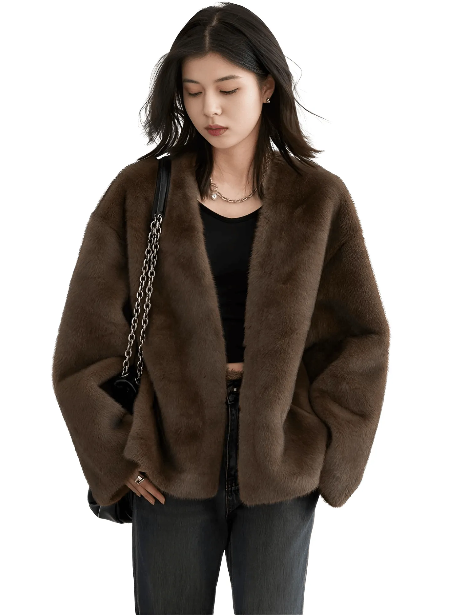 Women's Plush Jacket Loose Casual Solid Overcoat Female Coat V-Neck Woman Outerwear Autumn Winter