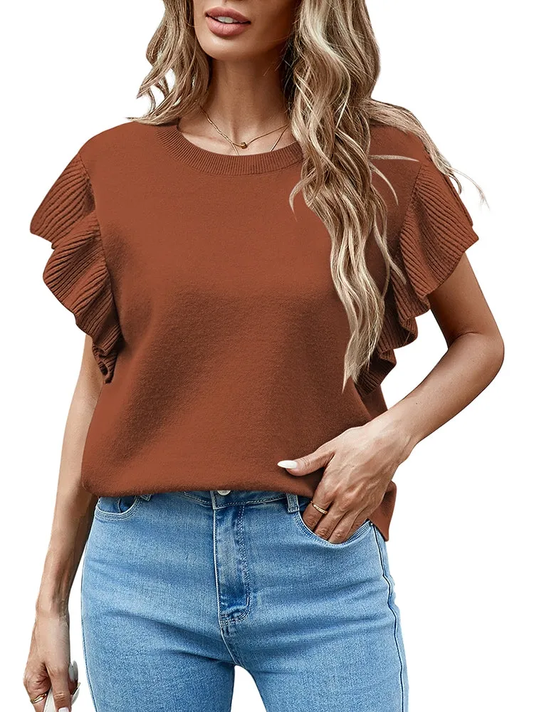 Women's Short Ruffle Sleeves Pullover Sweater Loose Knit Jumper Tops