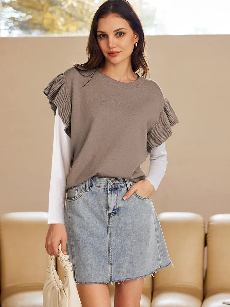 Women's Short Ruffle Sleeves Pullover Sweater Loose Knit Jumper Tops