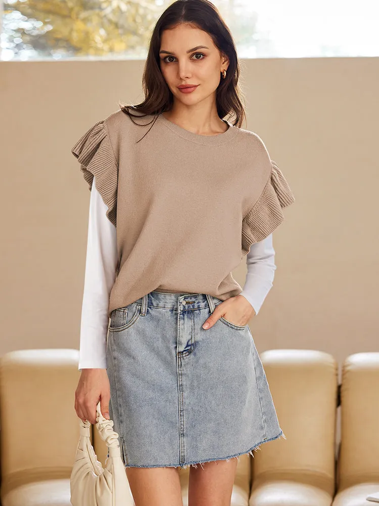 Women's Short Ruffle Sleeves Pullover Sweater Loose Knit Jumper Tops