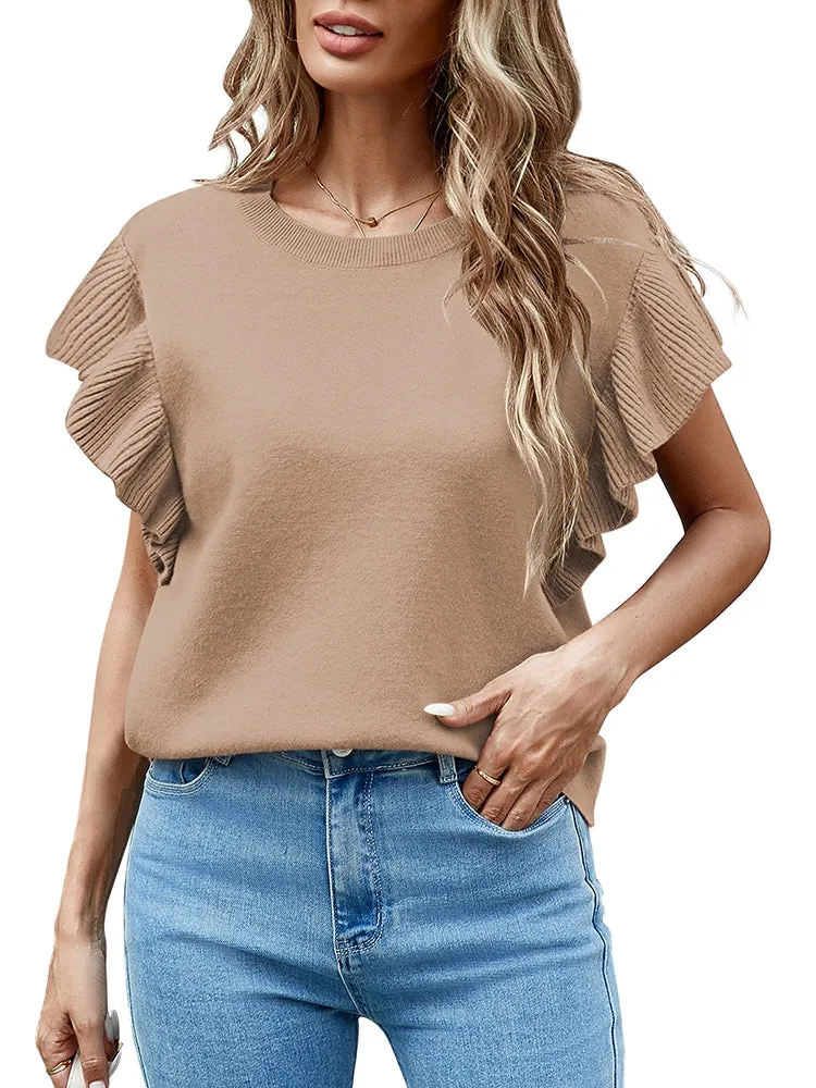 Women's Short Ruffle Sleeves Pullover Sweater Loose Knit Jumper Tops