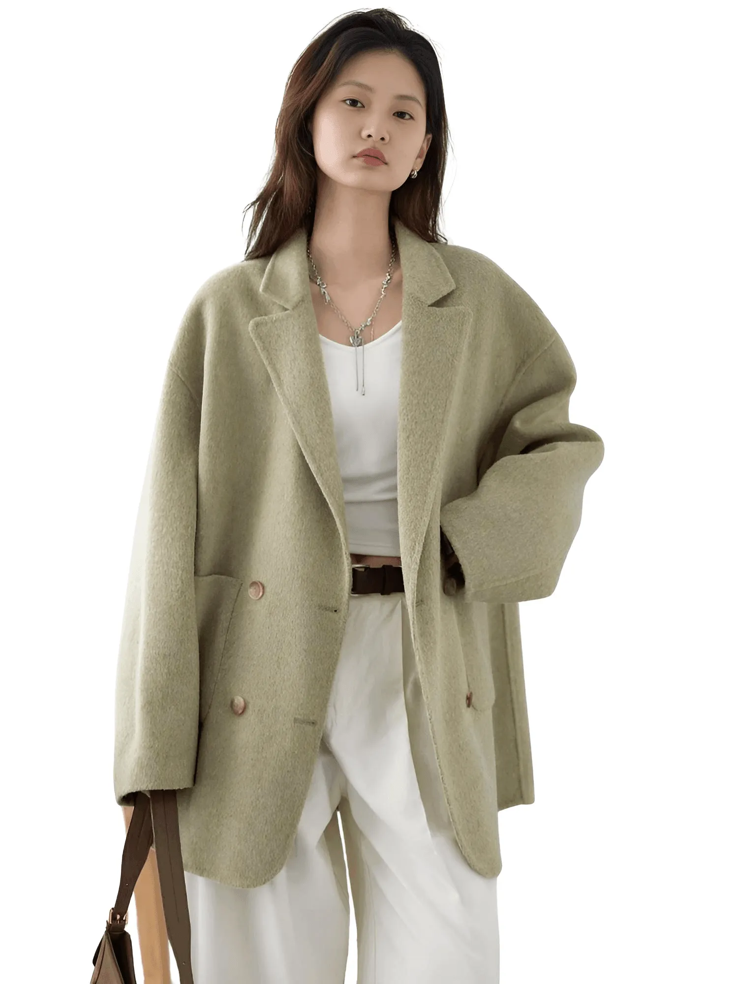 Women's Woolen Coats Loose Casual Double Breasted Retro Jacket Office Lady Outerwear