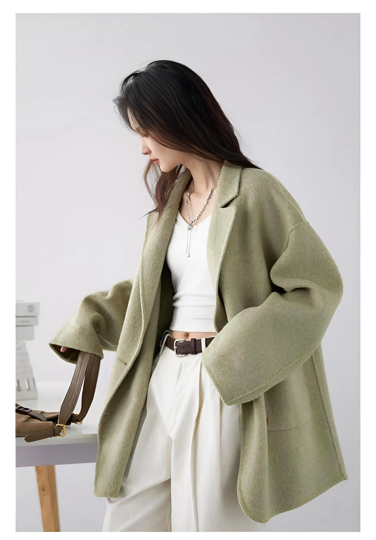 Women's Woolen Coats Loose Casual Double Breasted Retro Jacket Office Lady Outerwear