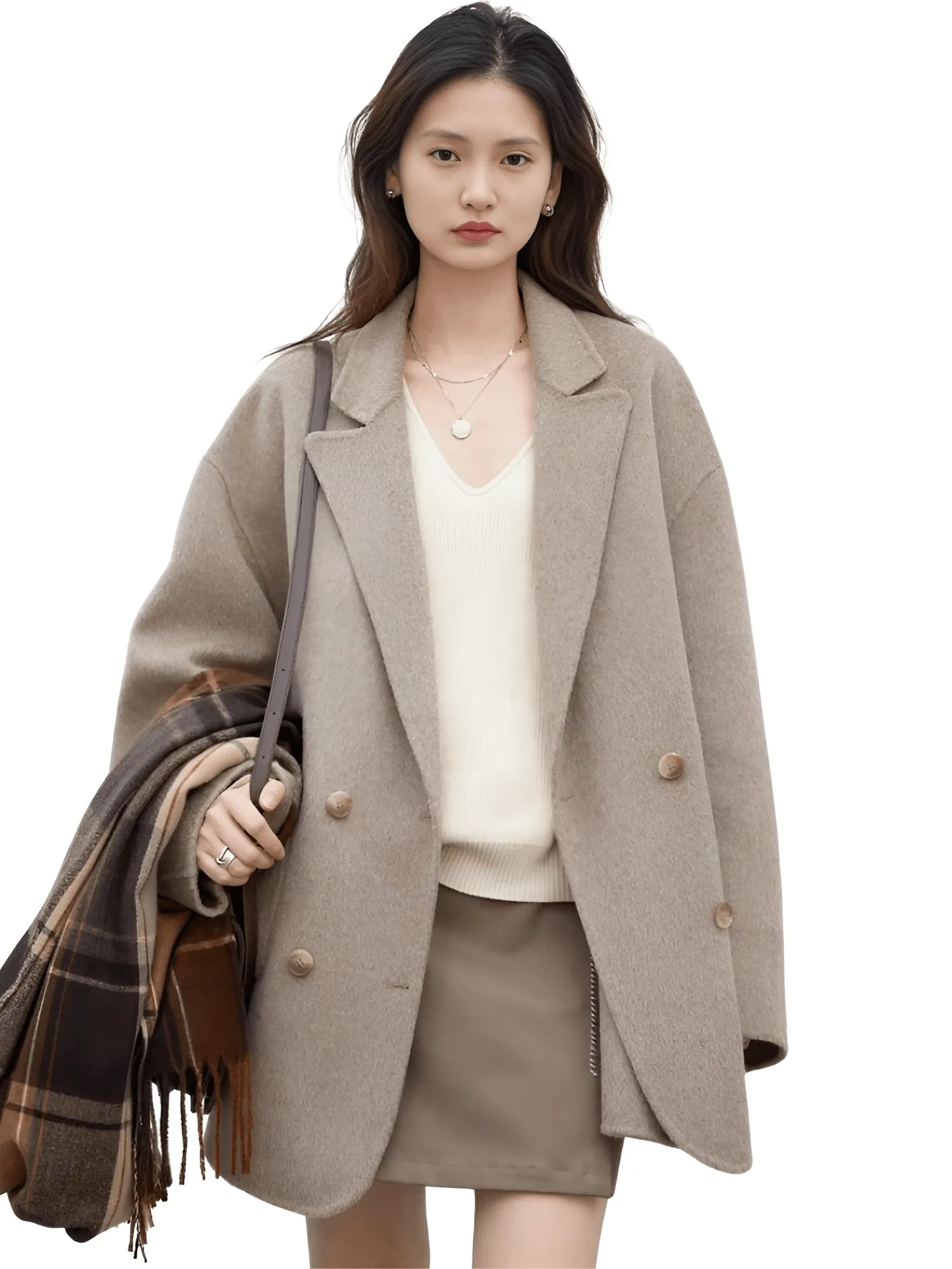 Women's Woolen Coats Loose Casual Double Breasted Retro Jacket Office Lady Outerwear