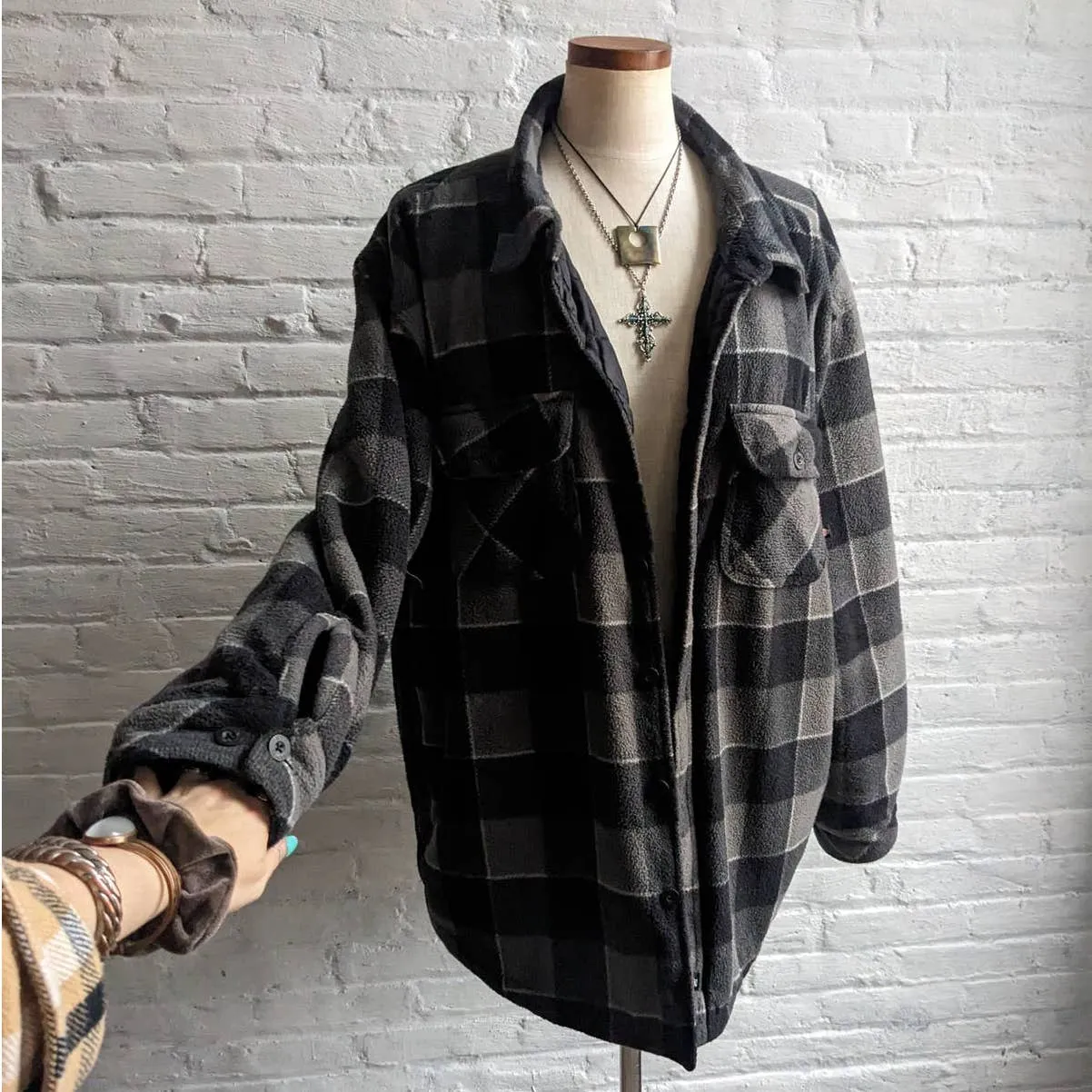 Y2K Vintage Dickies Grunge Grey Plaid Flannel Fleece Jacket Utility Blanket Coat