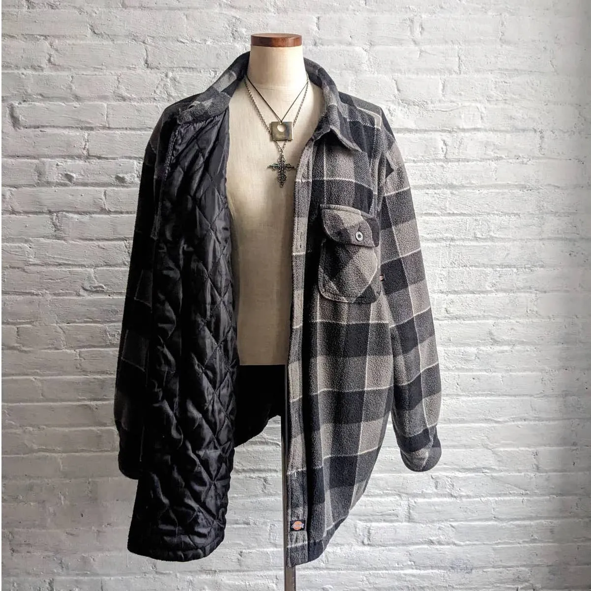 Y2K Vintage Dickies Grunge Grey Plaid Flannel Fleece Jacket Utility Blanket Coat