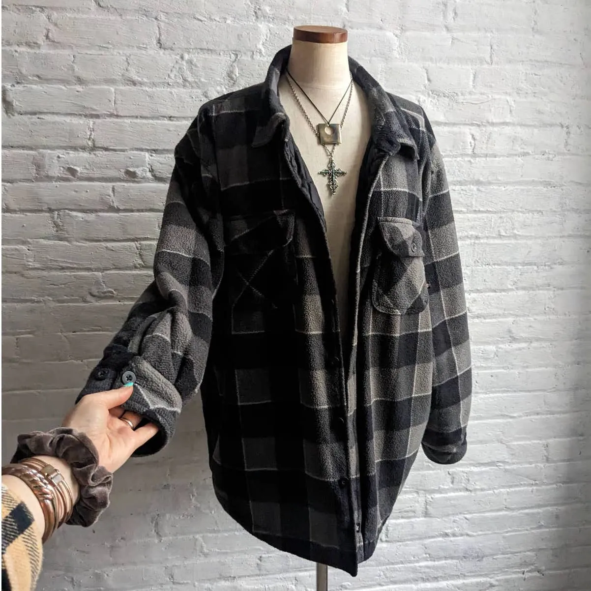 Y2K Vintage Dickies Grunge Grey Plaid Flannel Fleece Jacket Utility Blanket Coat